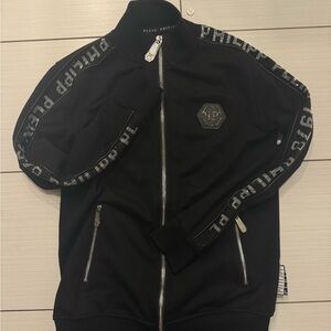 Philipp Plein Black Jacket and joggers with rhinestone Details
